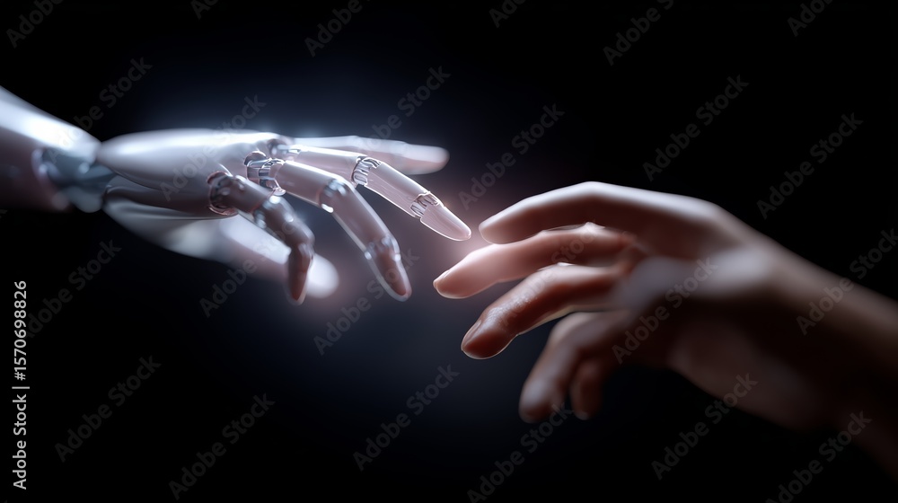Aufkleber human hand reaches out to touch robotic hand in a symbolic moment of connection and unity in a dark 