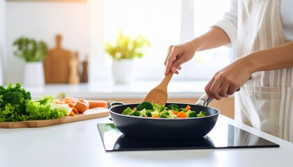 A woman in a kitchen, stirring vegetables in a pan.
