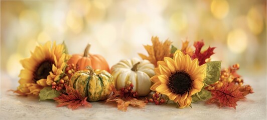 The vibrant display of sunflowers and pumpkins for an autumn celebration.