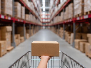  hand pushes a shopping cart holding a single cardboard box down a warehouse aisle filled with stacked boxes on shelves.