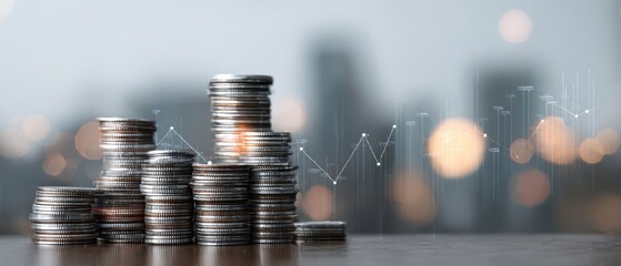 The stacked coins with financial growth indicators illustrating investment success.