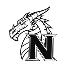 Black and white dragon head logo with the letter n