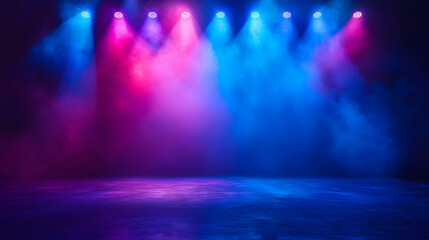 Obraz premium Stage light background with blue and purple spotlight illuminated the stage with smoke. Empty stage for show with backdrop decoration 