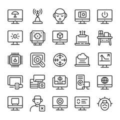Collection of thirtysix black linear icons depicting various computer technology concepts including monitors displaying data graphs charts and symbols computer processors search functions