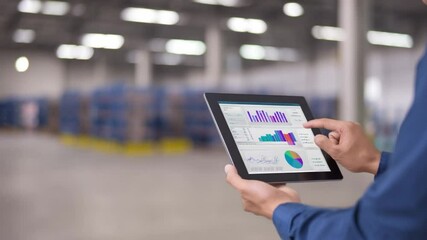 Analyzing Data: A modern business setting, showcasing a person's hands skillfully interacting with a tablet, displaying vital financial data visualizations - Powered by Adobe