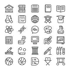 Fototapeta premium Collection of thirtysix black linear icons depicting various educational and academic subjects including school building books calendar notebook open book beaker test tubes atom D N A