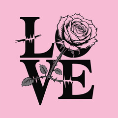 Black rose entwined with the word love on a pink background