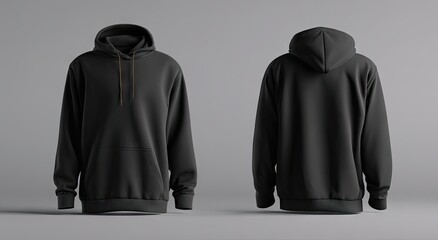 A plain black hoodie displayed in front and back views against a neutral grey background.  The hoodie has a drawstring hood and long sleeves