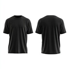 Naklejka premium A plain black, short-sleeved crew-neck t-shirt shown from front and back views on a white background. The shirt appears to be made of a soft, slightly textured fabric