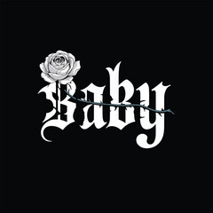 Gothic style baby text with a white rose and thorny vine