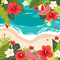 Bright summer banner with tropical leaves, hibiscus flowers, watermelon, beach, sea waves, and beach balls. Colorful summer background