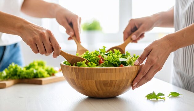 Two women collaboratively toss a fresh green salad in a large wooden bowl, preparing a healthy meal together. - Powered by Adobe