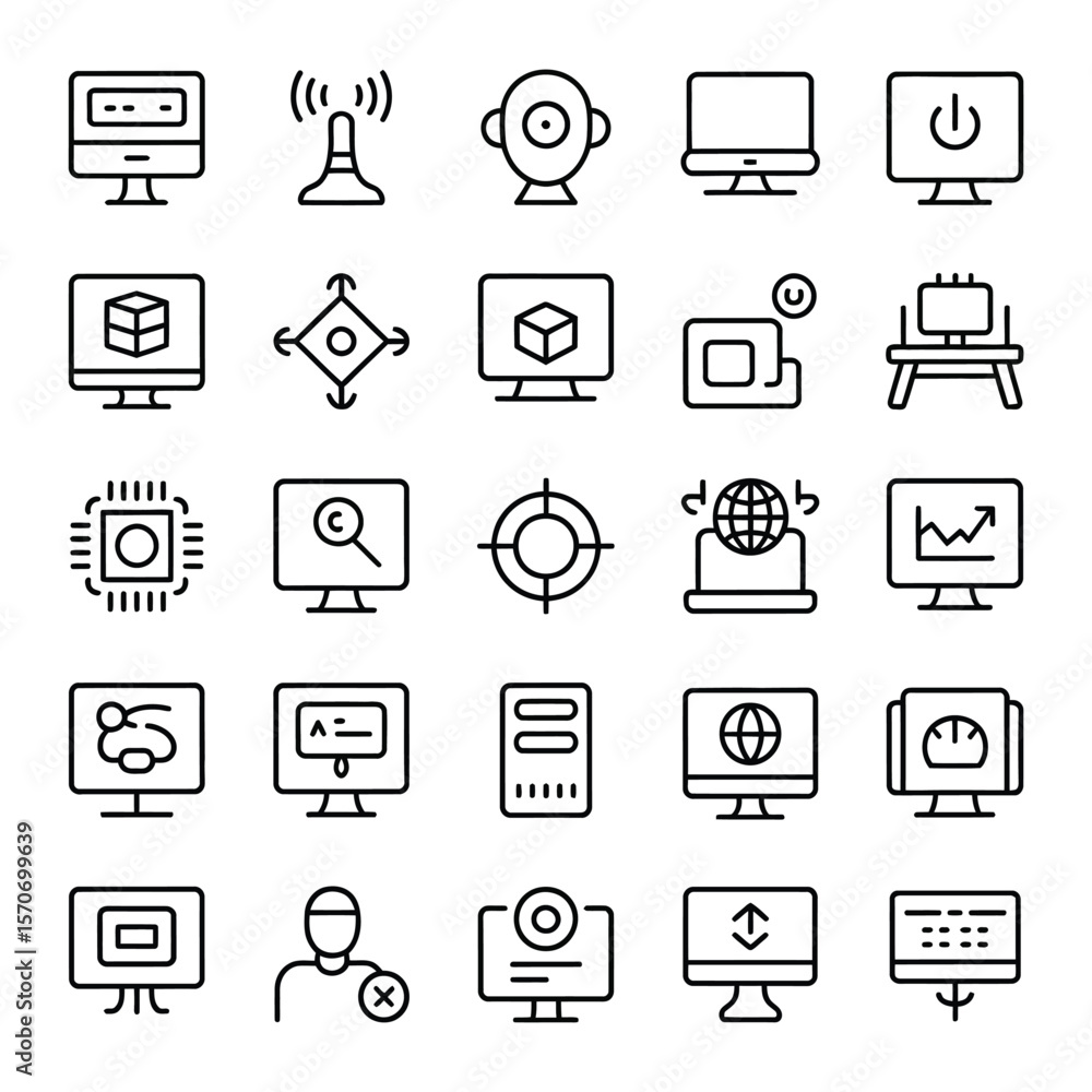 Poster collection of thirtysix minimalist black line icons depicting computer technology components and act