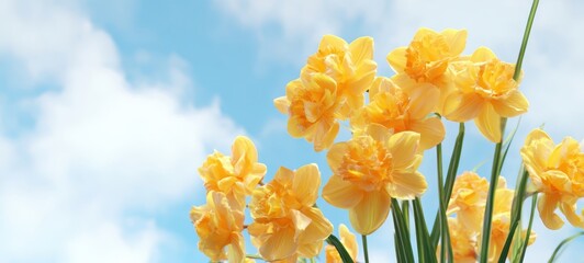 The Bright Yellow Daffodils Under a Blue Sky with Fluffy Clouds