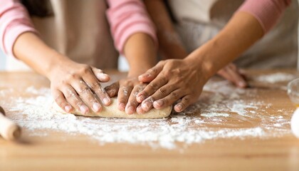 Two people's hands kneading dough together in a kitchen, flour dusted on the table.