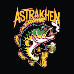 Cartoon bass fish smoking cigarette and drinking beer with astrakhen text