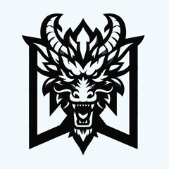 Fierce black dragon head emblem with sharp teeth and horns on white background