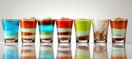 The colorful arrangement of layered shot glasses displaying vibrant drinks.
