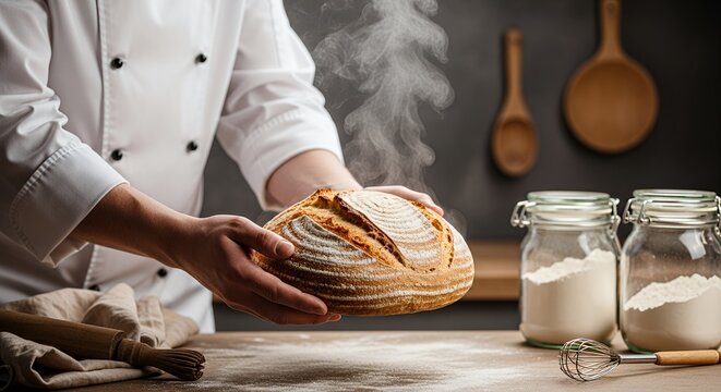 Baker presents freshly baked sourdough bread loaf with steam rising