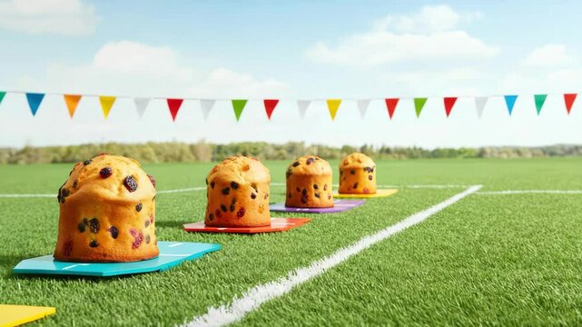 Festive cakes with colorful fruit toppings on grassy field under blue sky bunting flags