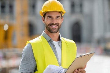 Smiling construction worker in hard hat and vest holding clipboard on site