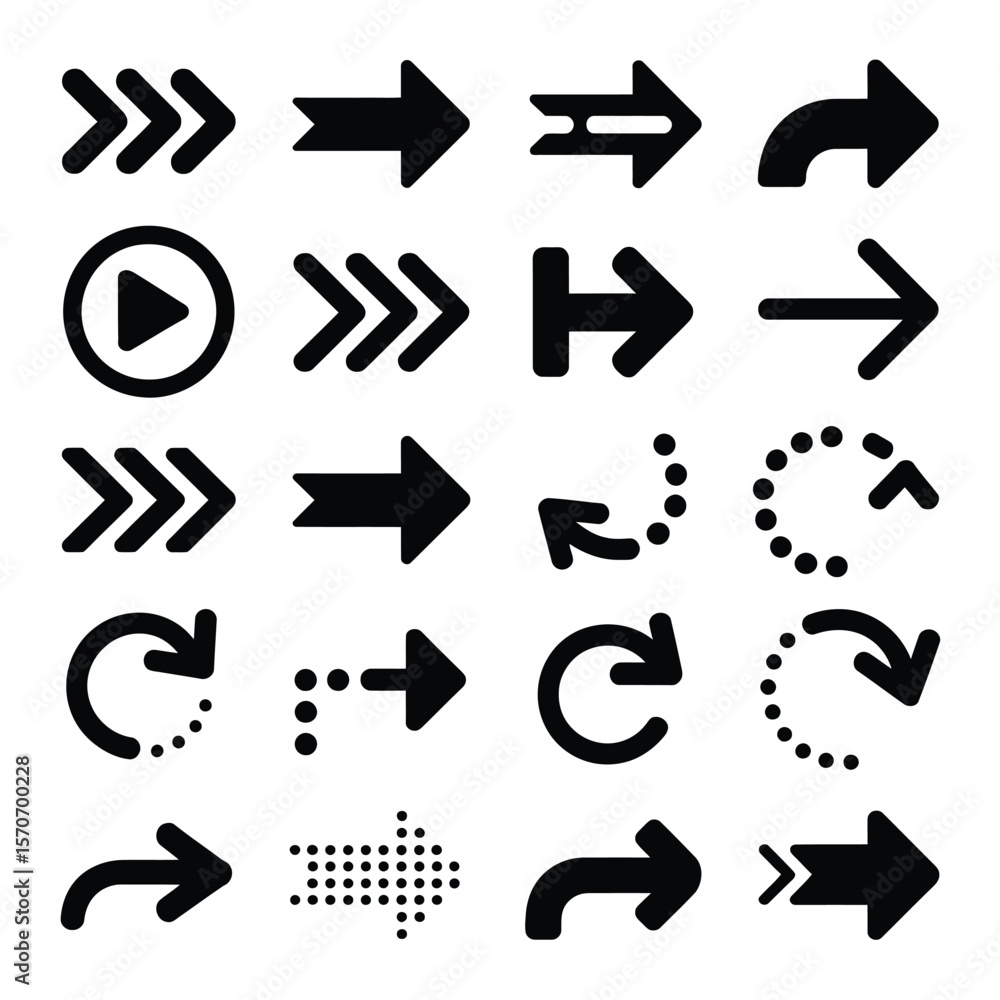 Poster collection of twenty black arrow icons on white background various styles and directions including c