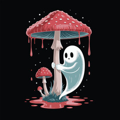 Cute cartoon ghost hugging a dripping red and white spotted mushroom
