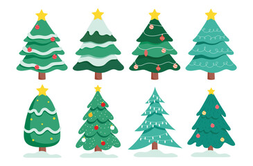 Christmas tree flat clipart set. Green Christmas tree drawing clip art collection with snow, xmas balls and stars decoration elements for winter holiday celebration vector illustration.
