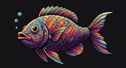 Fototapeta premium A colorful fish with scales swims in the dark water