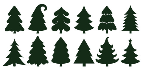 Christmas tree silhouette clipart set. Black Christmas tree drawing clip art collection in white background for xmas season pine tree flat icon decoration vector illustration. 