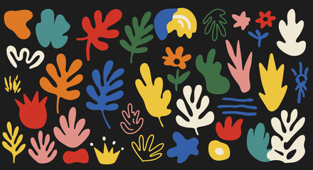 Naklejka premium Vibrant Botanical Collage: Abstract Floral and Foliage Shapes in Bold Colors