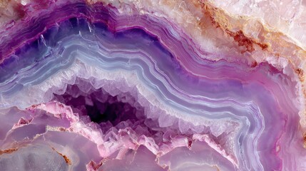 Close-up of a polished gemstone with layered, swirling patterns in shades of purple, pink, and white
