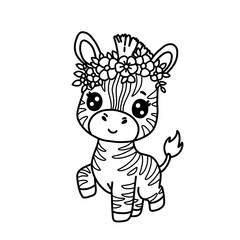 Cute kawaii-style zebra wearing a flower crown