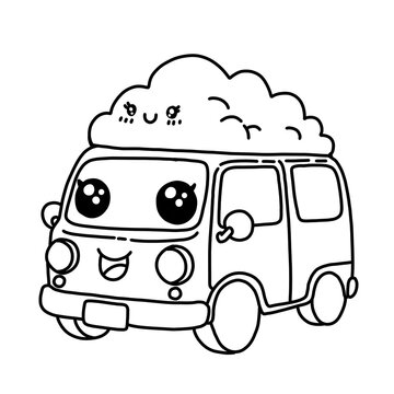 Cute kawaii-style van with a smiling face and a fluffy cloud sitting on top