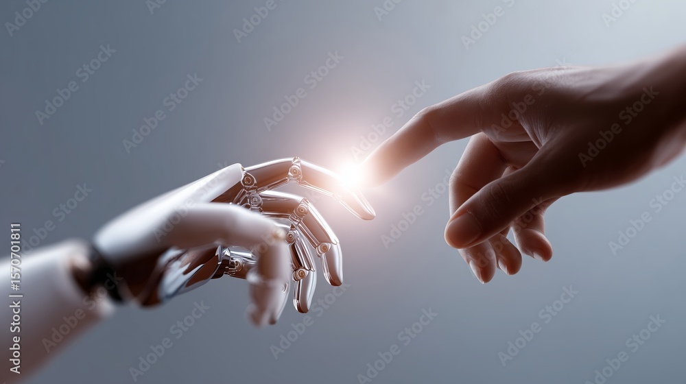 Aufkleber human hand reaches out to touch a robotic hand in a representation of connection and technology in a