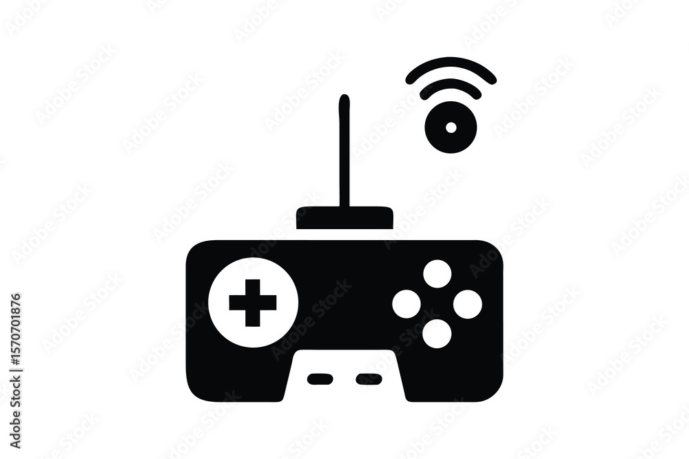 Poster modern wireless game controller with antenna and signal waves indicating remote control technology a