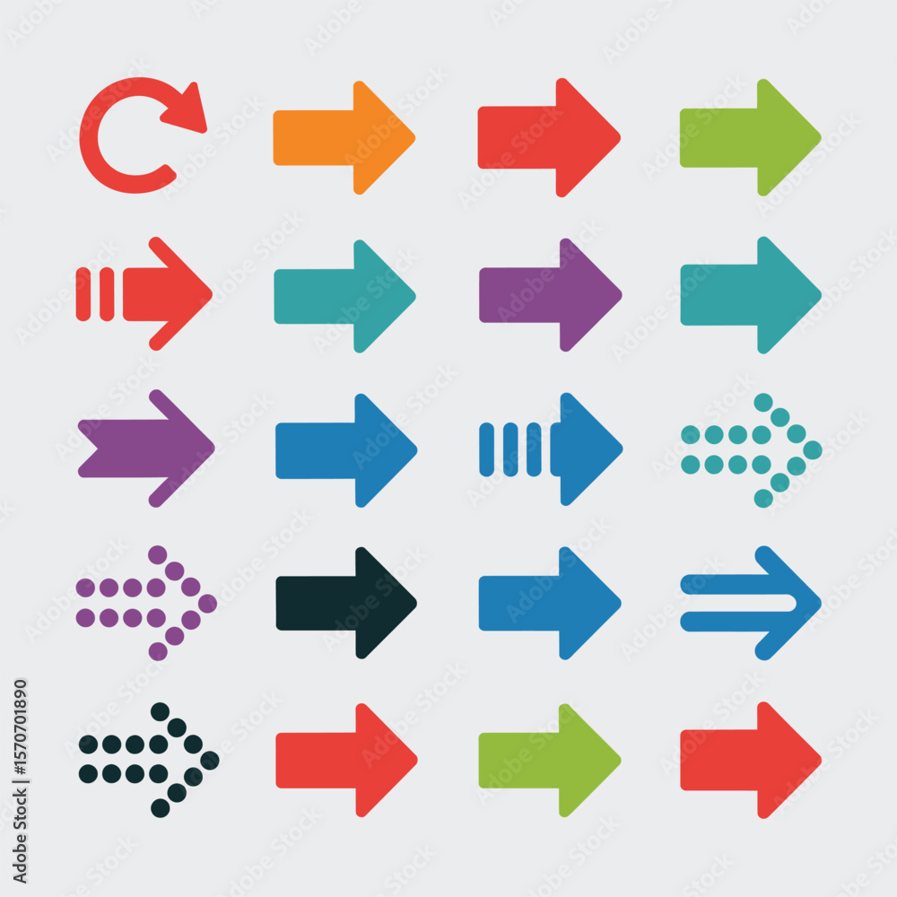 Poster collection of twenty colorful arrow icons vector graphics various styles and directions right left u
