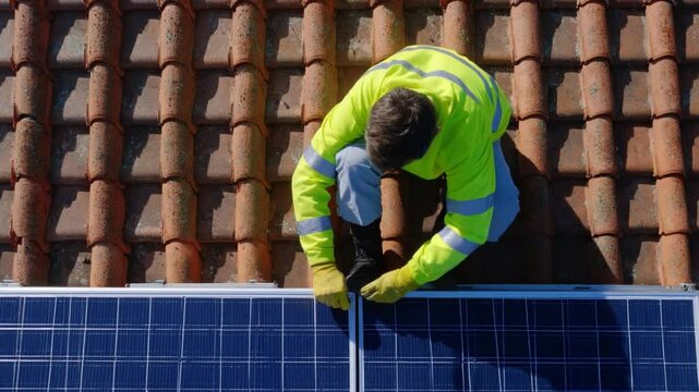 Solar Panel Installation: A technician wearing protective gear expertly installs solar panels on a terracotta tile roof, demonstrating renewable energy implementation.