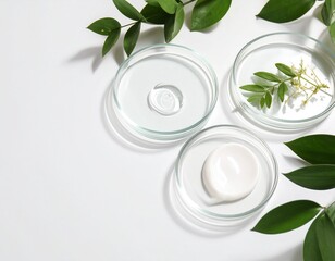 petri dishes on light background cosmetic research concept
