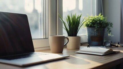 Laptop plants and coffee a work from home setup