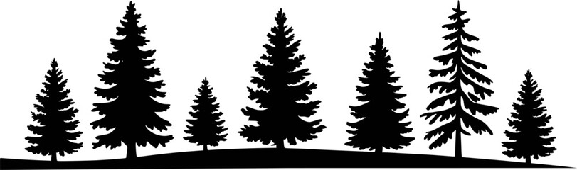 Silhouette illustration featuring multiple evergreen trees in a forest setting isolated against a white background