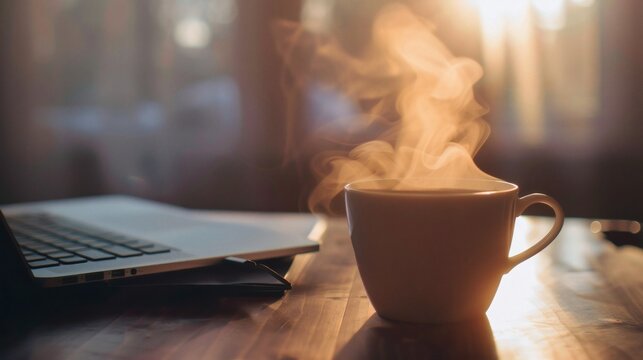 Coffee and laptop for morning work from home time