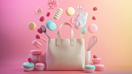 A vibrant and dreamy scene showcasing a beige canvas pastry chef's bag, stylishly minimalist, set against a surreal background of neon-pastel 