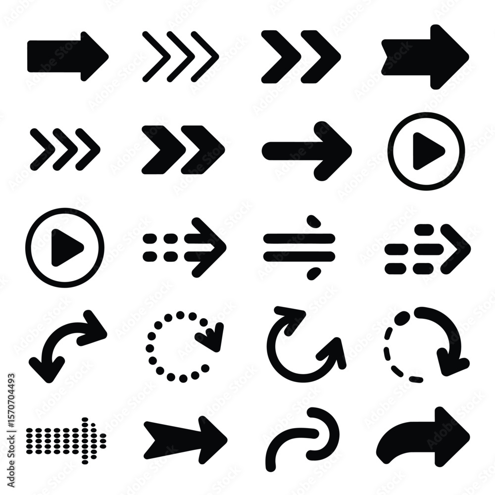 Poster collection of twenty diverse black arrow icons on white background including various styles such as 