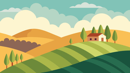 Tuscan Countryside House Rolling Hills Landscape Illustration