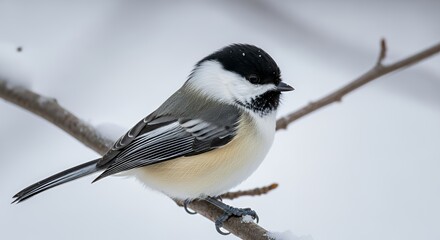 Fototapeta premium Blackcapped Chickadee Perched on a Snowy Branch in Winter Detail