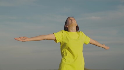 young girl background blue sky enjoys journey. happy girl day. teenage dream freedom. ask for...