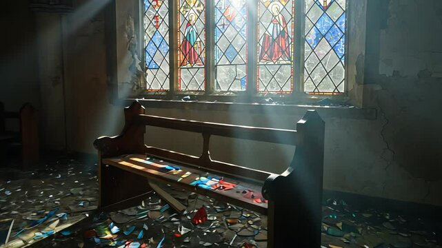 Sunbeams stream through a broken stained glass window in an abandoned church with scattered glass on the floor, religious footage.