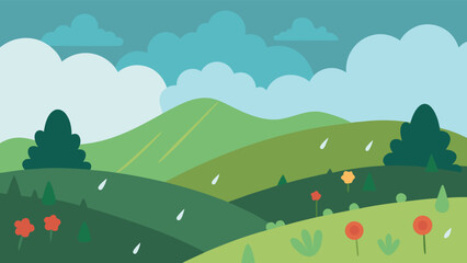 Obraz premium Gentle Rain Over Lush Green Rolling Hills Landscape