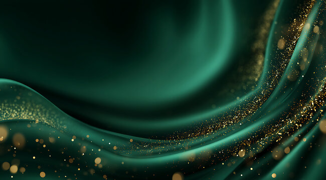 Luxury Christmas abstract background with rich emerald green silk waves and sparkling gold particles, elegant holiday festive mood and celebration concept.